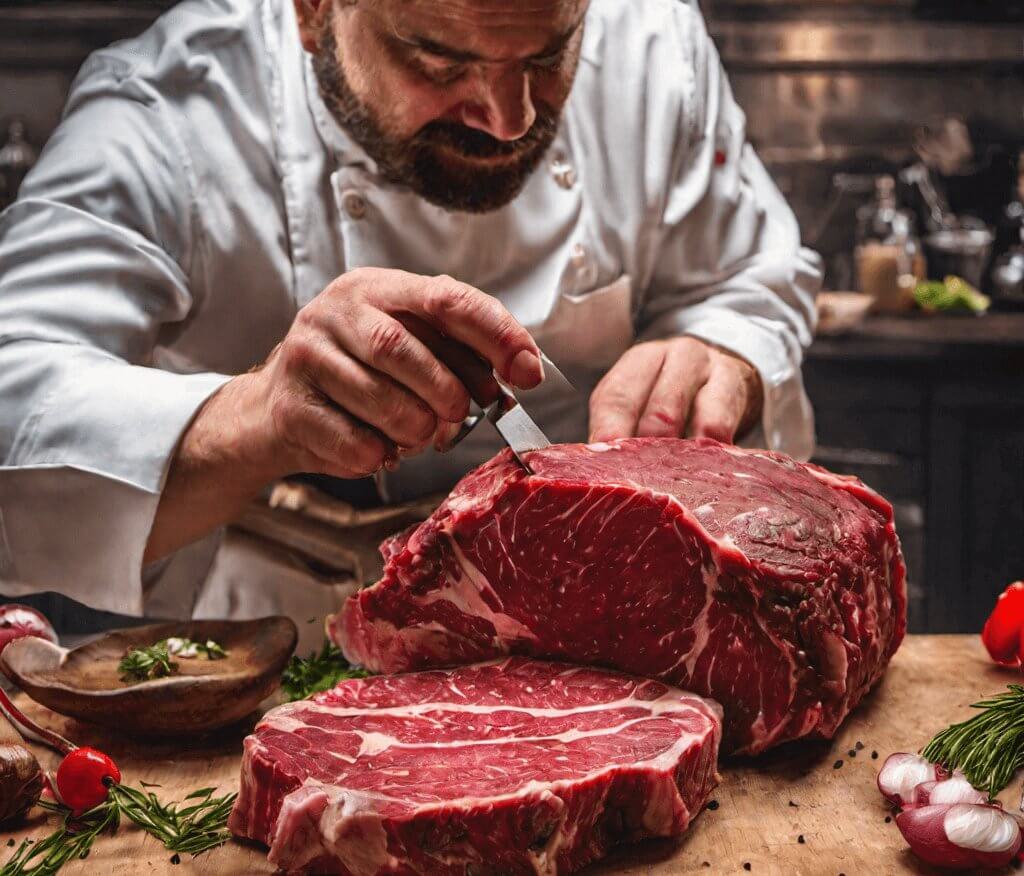 Chef preparando dry aged em uma mesa de sua cozinha