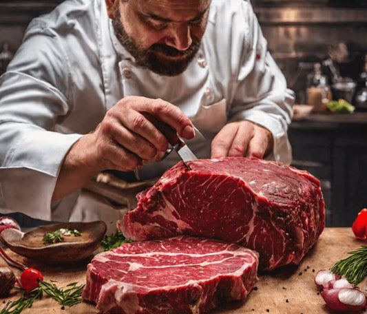 Chef preparando dry aged em uma mesa de sua cozinha